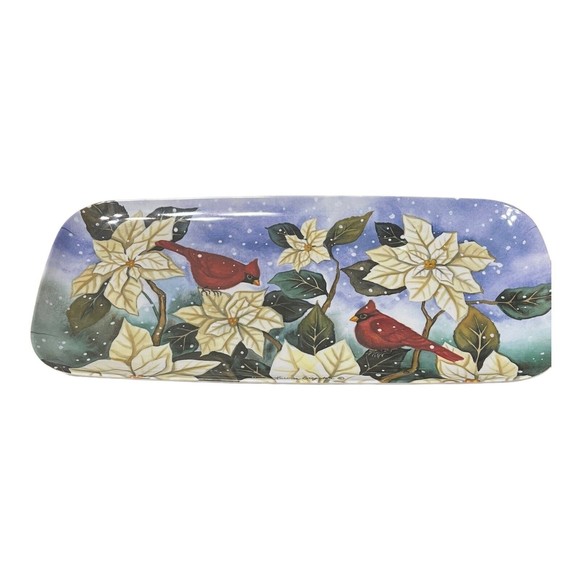 Beautiful Merritt Melamine Holiday Serving Tray Snow White Floral Cardinals 15" - Picture 1 of 6